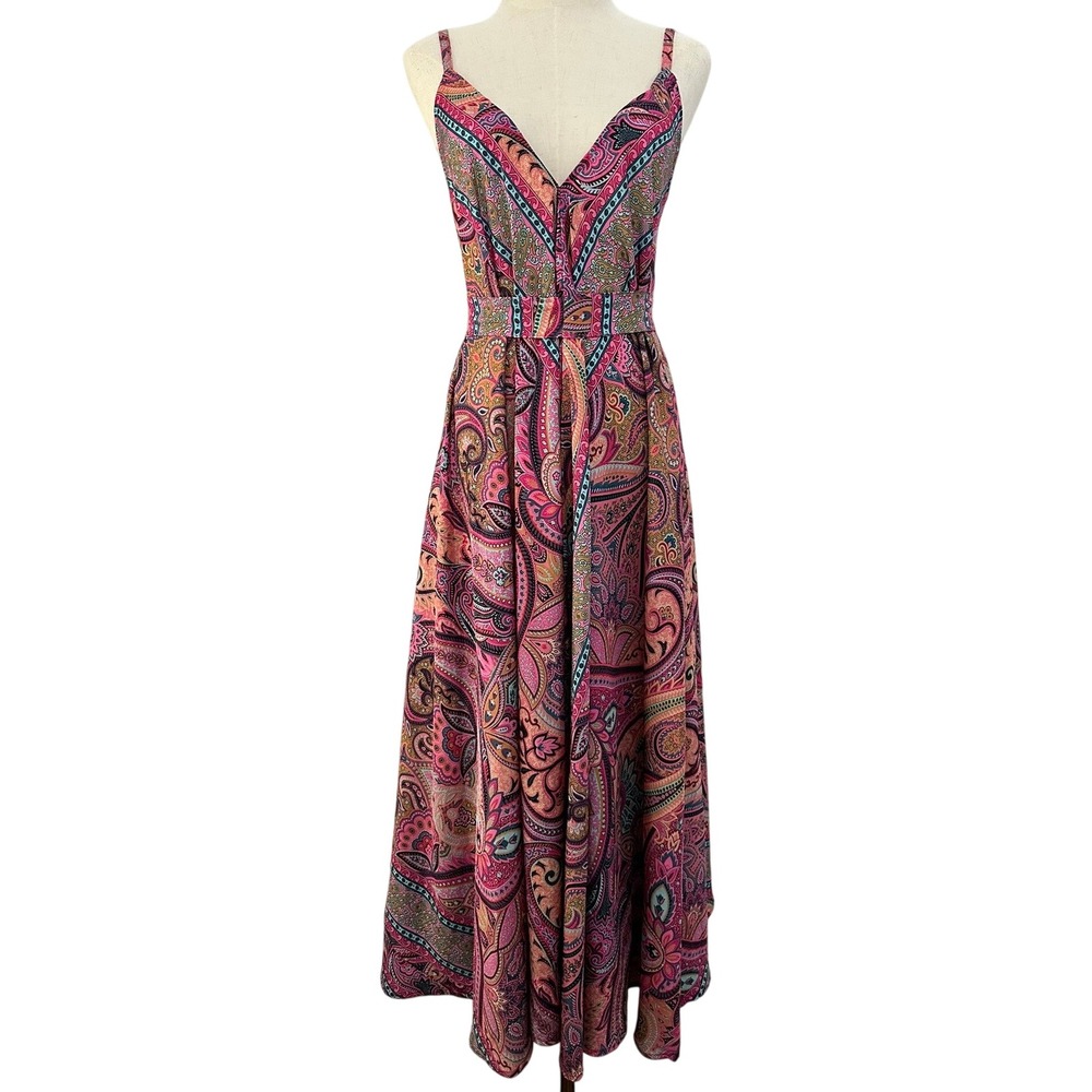Advance Silk Blend Maxi Sun Dress Women OS Pink Paisley Boho Festival Summer‎